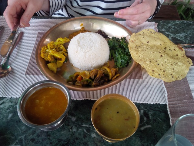 Dal-bhaat deluxe. Rice with lentil soup is the mainstay of Nepali diet. 